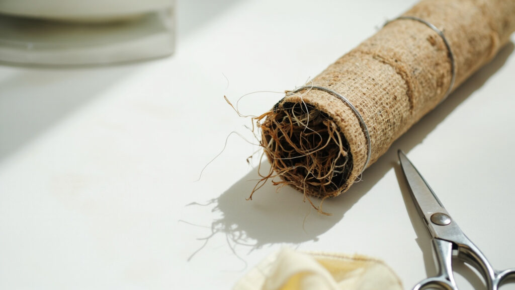 Vacuum brush roll with tangled hair wrapped around bristles on white surface next to cleaning scissors