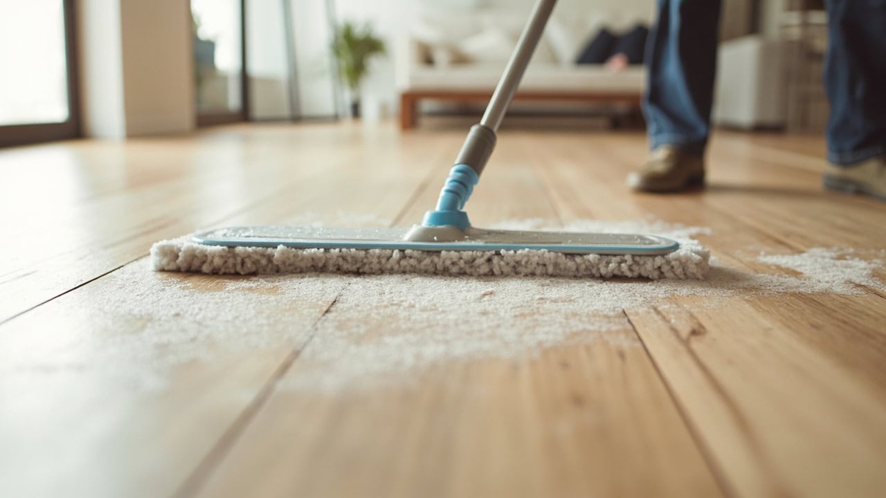 Microfiber mop cleaning luxury vinyl plank flooring with pH-neutral cleaning solution
