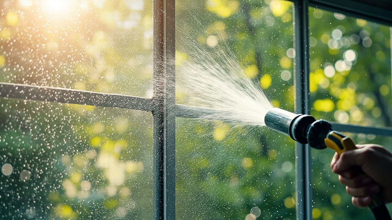 "Clean window screen being rinsed with garden hose spray attachment showing wet mesh texture"