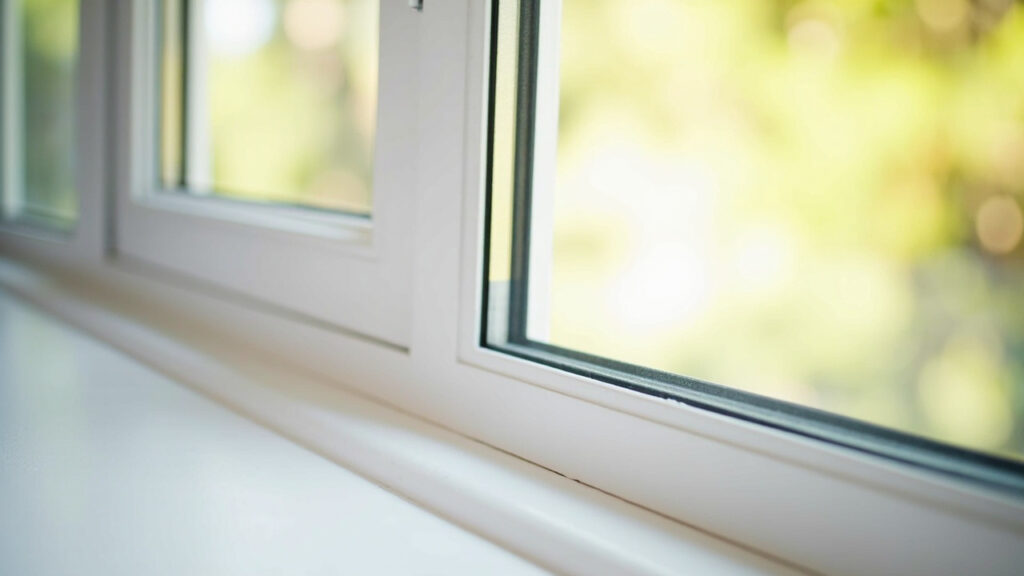 Clean white vinyl window track channel with morning light reflecting off nearby glass surface