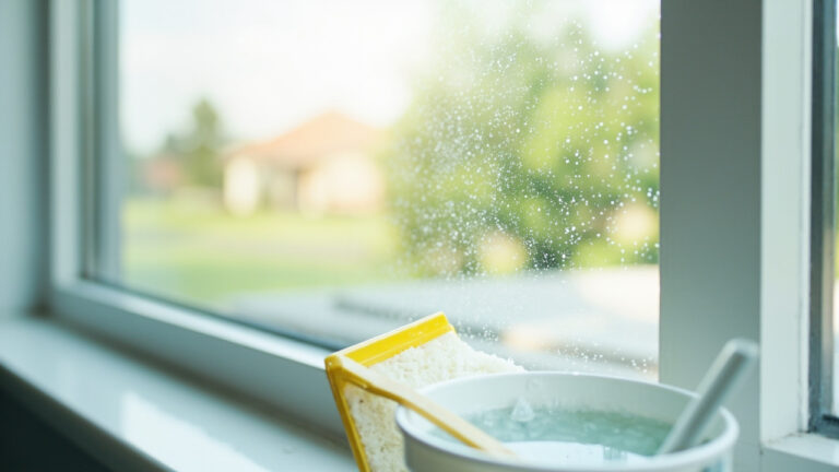"Streak-free clean window with rubber squeegee and bucket of cleaning solution in natural morning light"