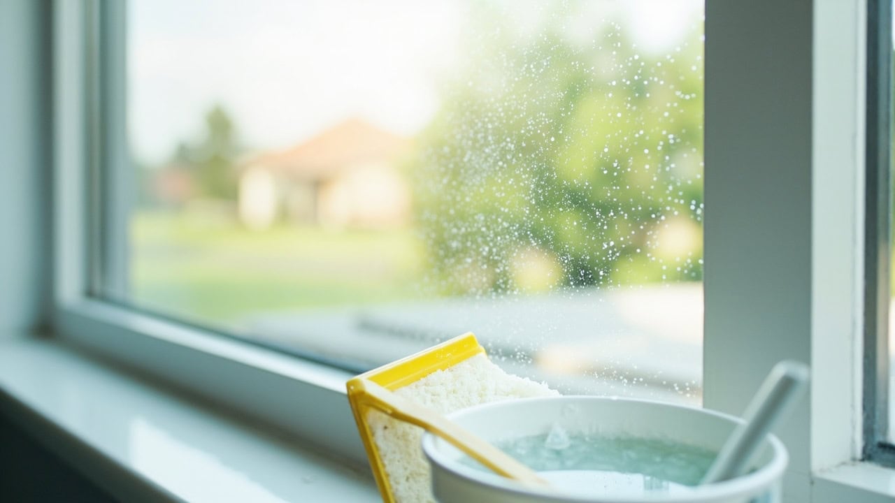 "Streak-free clean window with rubber squeegee and bucket of cleaning solution in natural morning light"