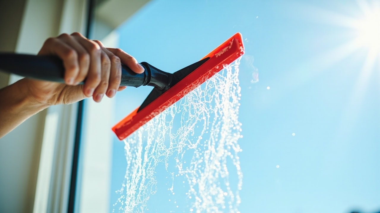 Squeegee cleaning a window with streak-free results showing crystal-clear glass