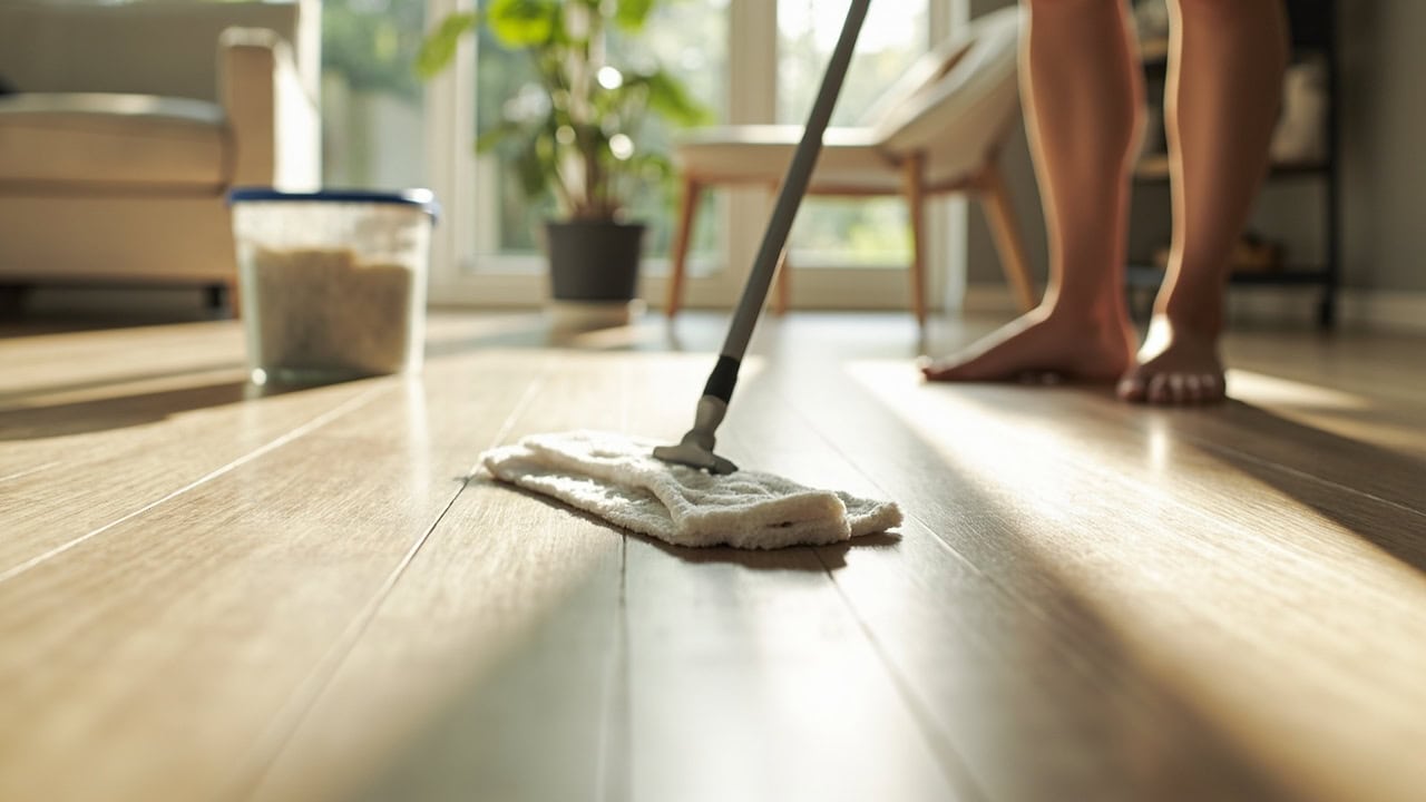 Microfiber mop cleaning wood-plastic composite WPC flooring with pH-neutral cleaner