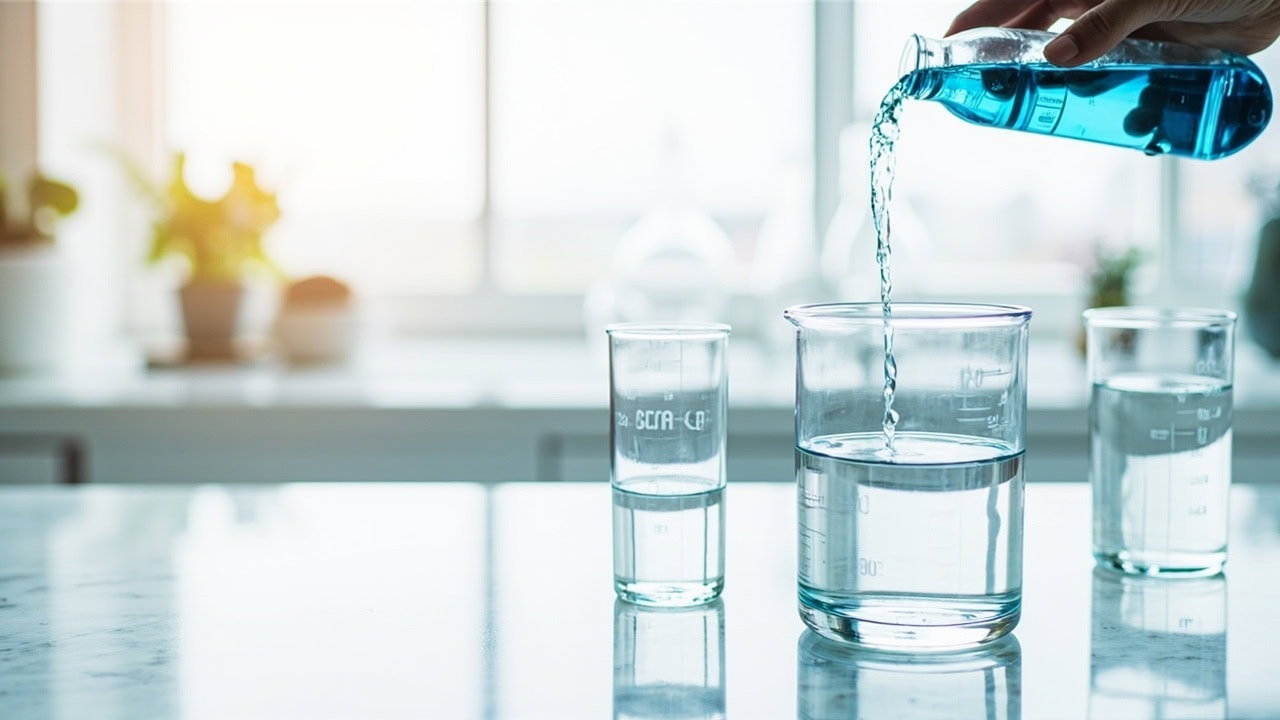 "Diluting cleaning concentrate into water in correct ratio using graduated cylinder in kitchen setting"