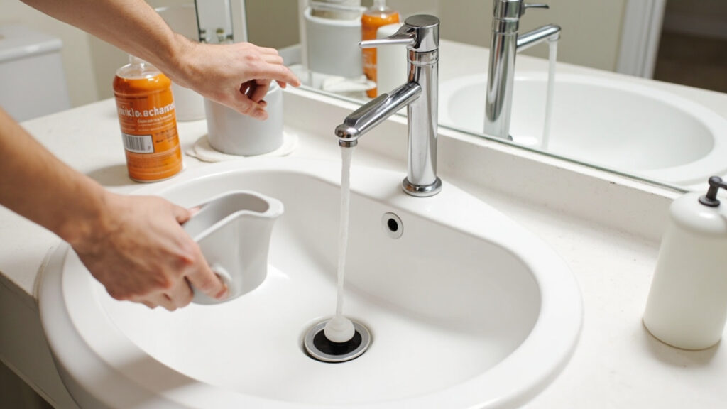 "Hands using a plunger to fix a slow-draining bathroom sink with baking soda and vinegar beside the drain"
