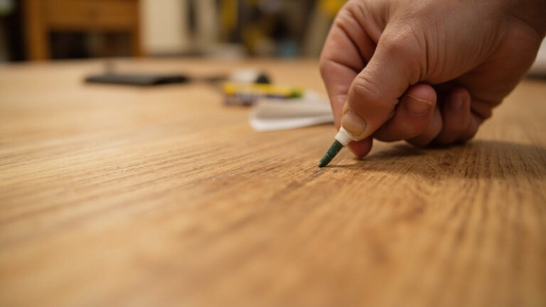 Hand applying wood filler into scratch on oak hardwood floor planks