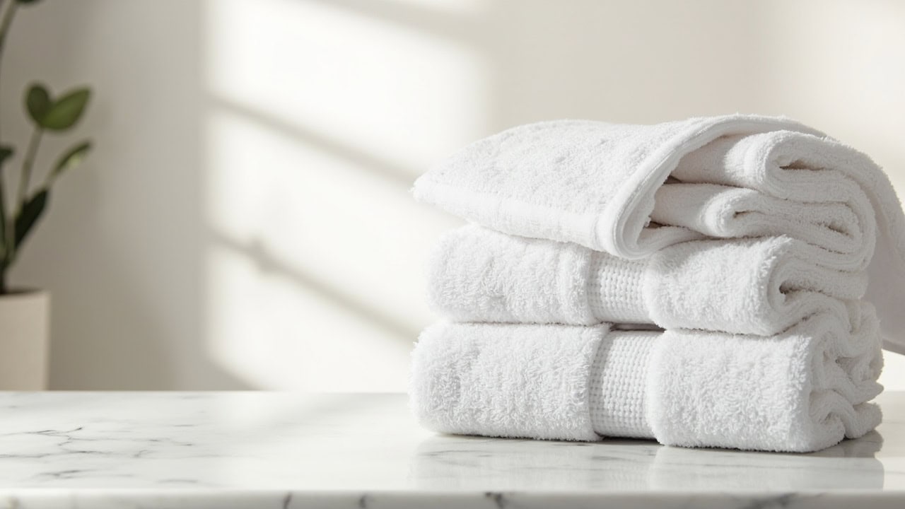 Plush white cotton bath towels stacked on marble counter showing soft fluffy texture