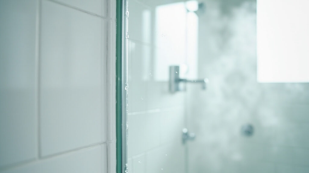 Clean bathroom shower area with white grout and transparent caulk showing proper mold prevention setup