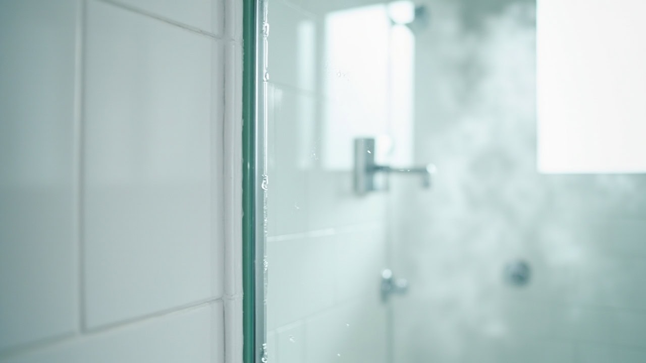Clean bathroom shower area with white grout and transparent caulk showing proper mold prevention setup