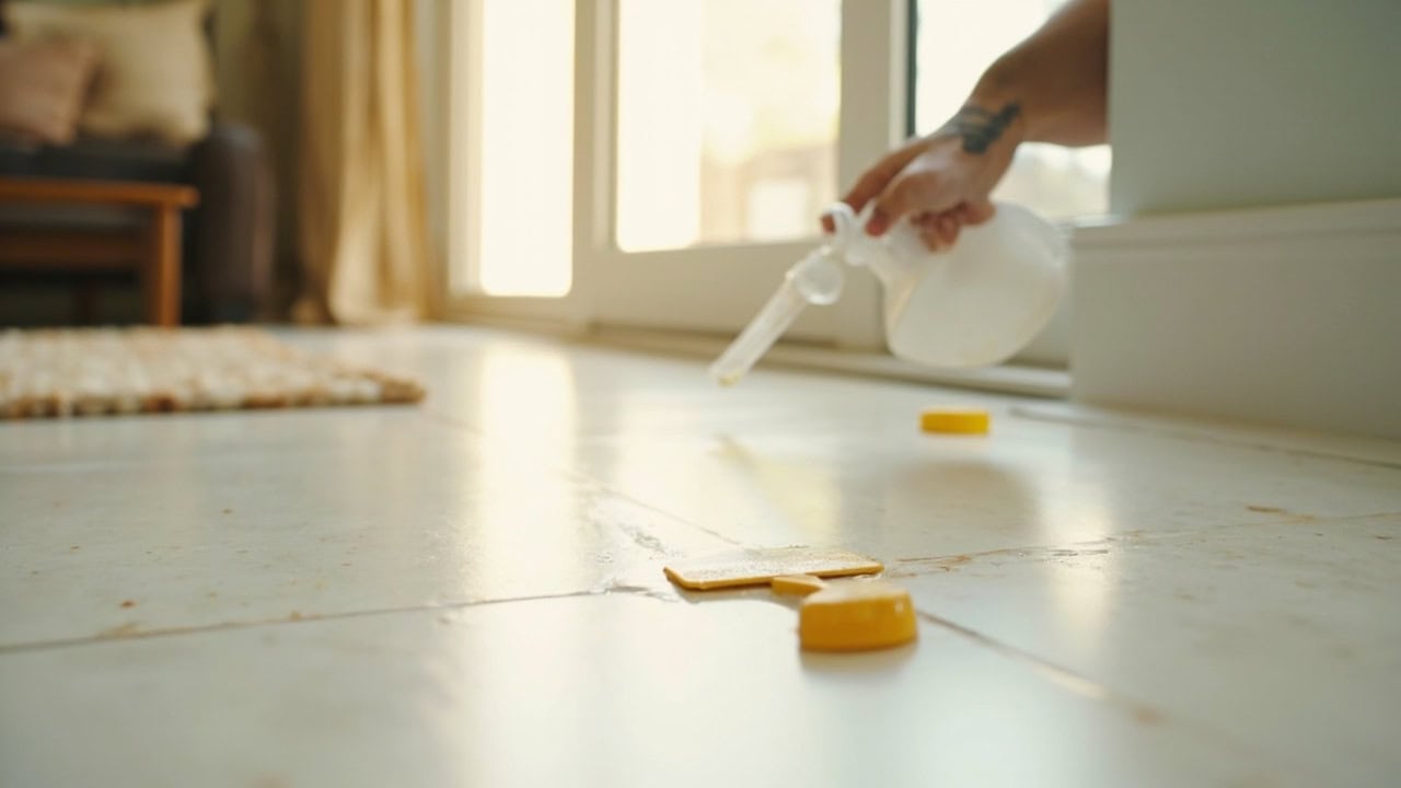 Citrus solvent being applied to remove adhesive residue from a hardwood floor with plastic scraper nearby