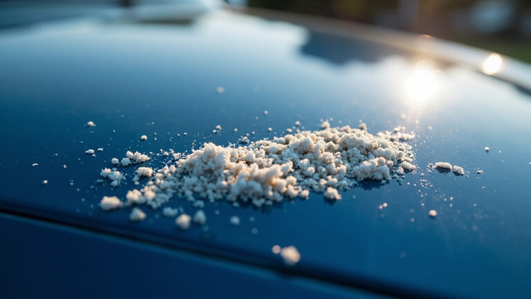 Bird droppings on glossy blue car paint showing dried deposit texture against clean paint
