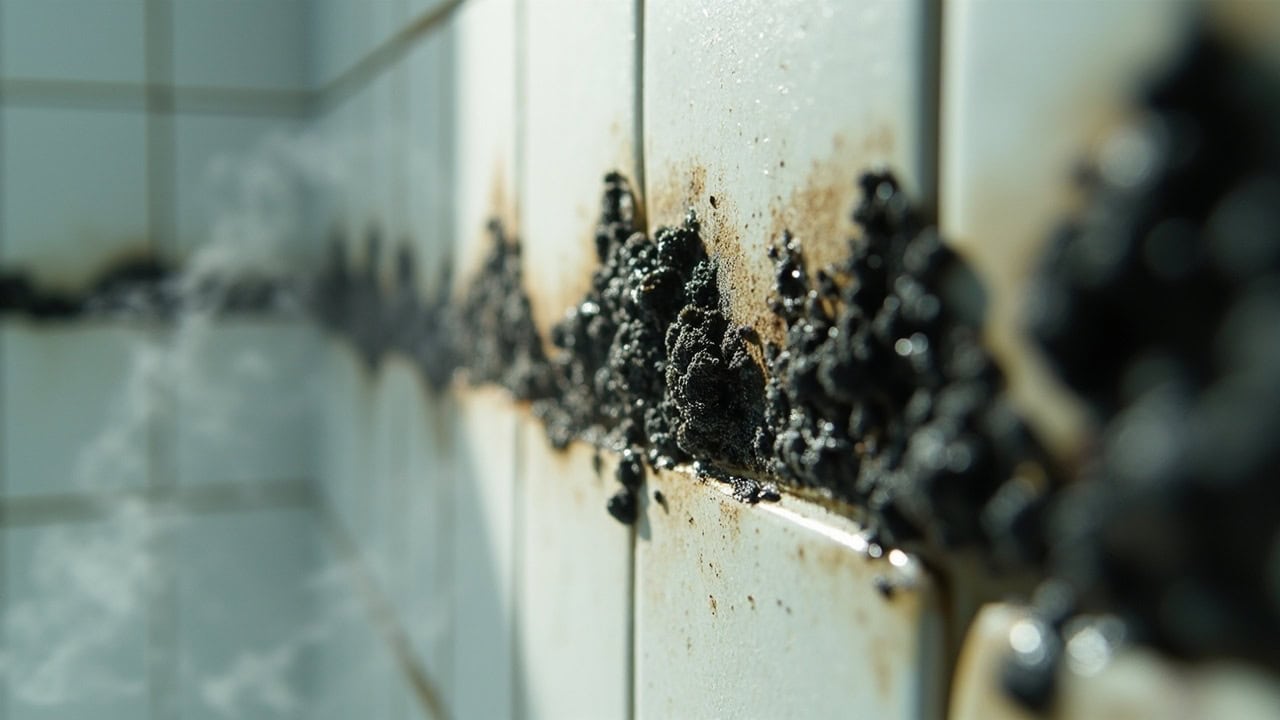 Black mold colony visible on white silicone caulk between bathroom shower tiles with visible fuzzy texture