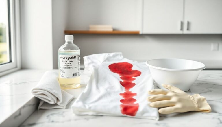 Blood stain removal supplies laid out on white surface with stained white cotton fabric