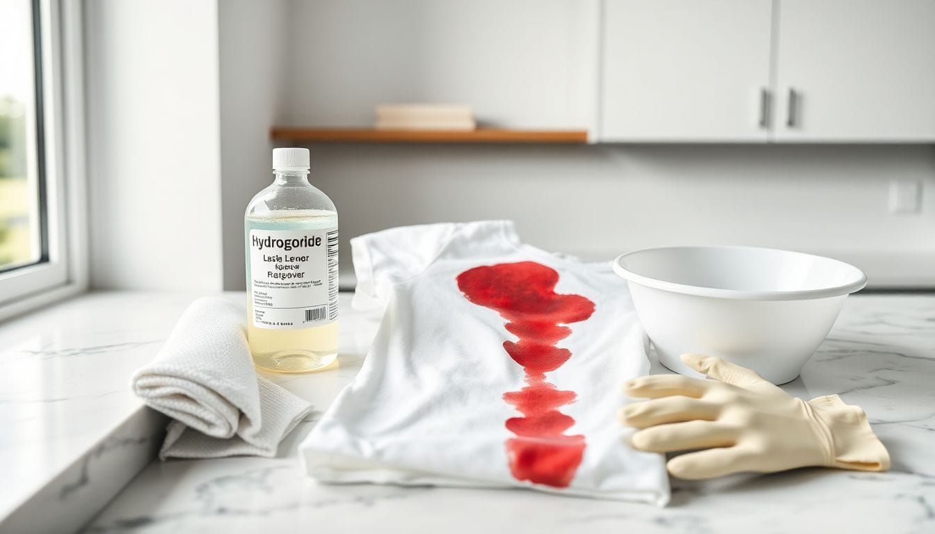 Blood stain removal supplies laid out on white surface with stained white cotton fabric