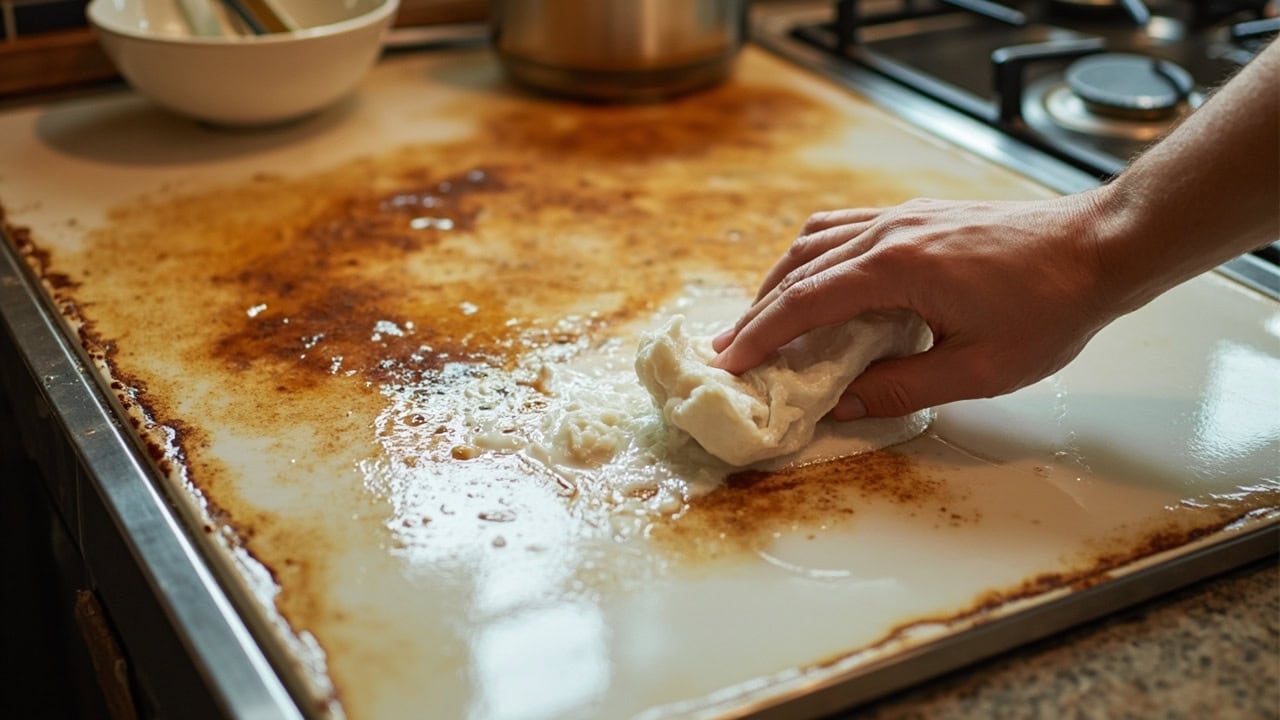 Person scrubbing burnt-on food from ceramic stovetop with baking soda paste and sponge