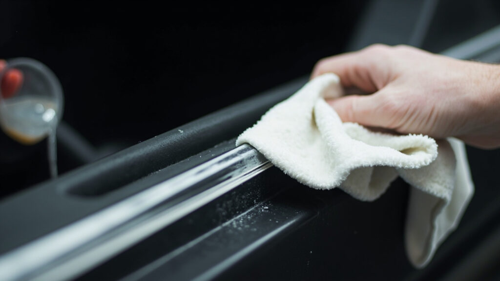 "Removing car wax from black rubber trim with isopropyl alcohol and microfiber cloth"