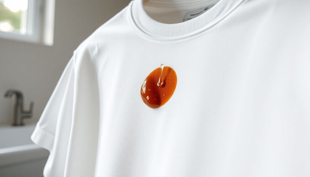Fresh coffee stain on white cotton t-shirt being treated with liquid dish soap and cold water