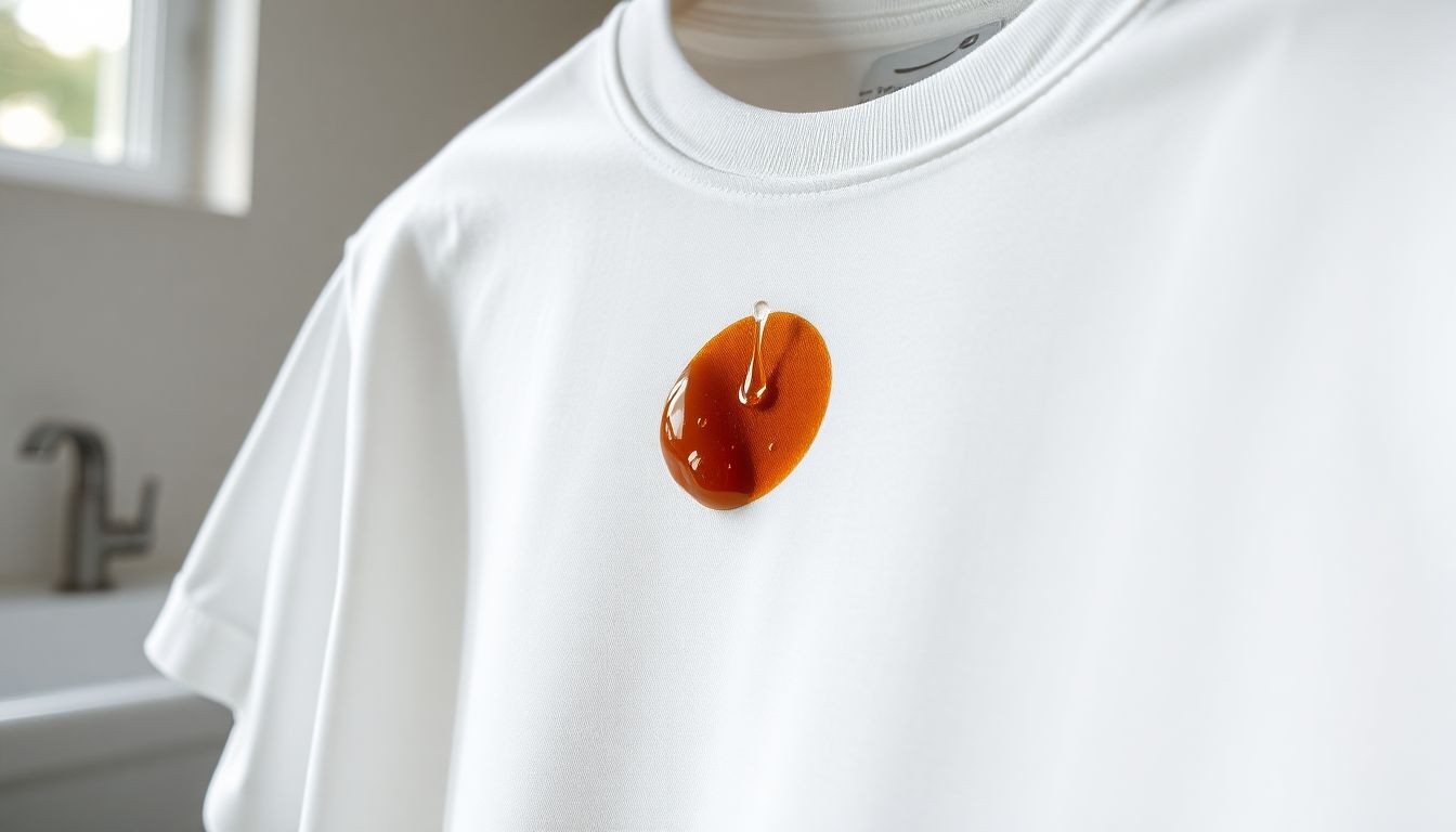 Fresh coffee stain on white cotton t-shirt being treated with liquid dish soap and cold water