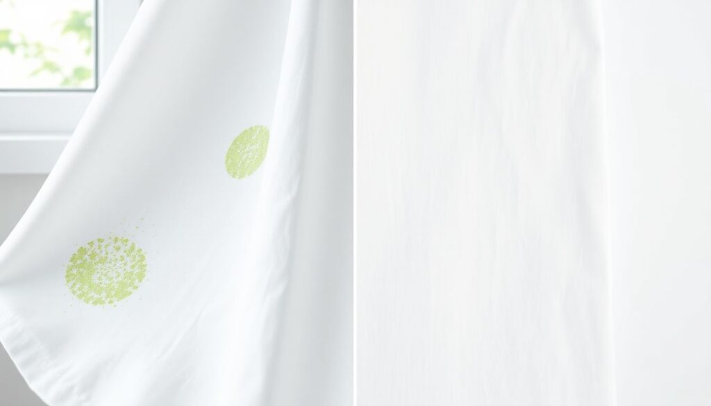 Before and after comparison showing grass stain removal from white cotton fabric — stained side versus clean restored side