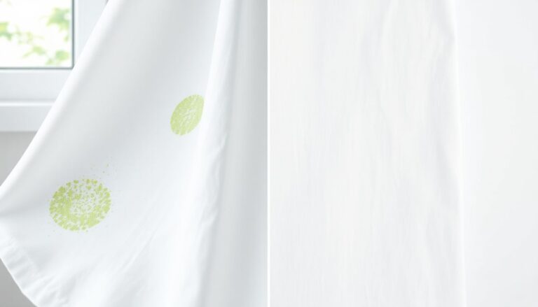 Before and after comparison showing grass stain removal from white cotton fabric — stained side versus clean restored side