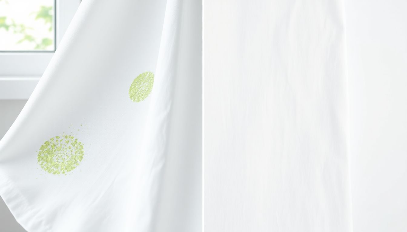 Before and after comparison showing grass stain removal from white cotton fabric — stained side versus clean restored side