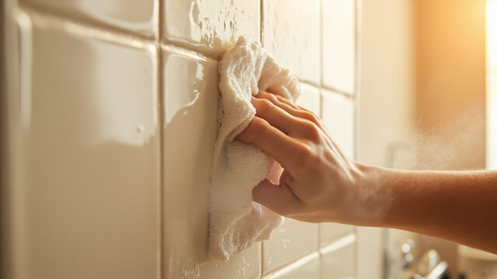 "Microfiber cloth removing cooking grease from kitchen wall tiles with degreasing solution"