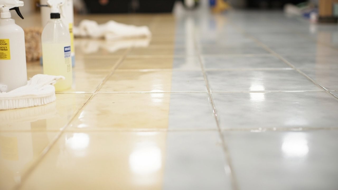 "Before and after comparison of grout haze removal from ceramic tile floor showing clean shiny tiles versus hazy dull tiles"