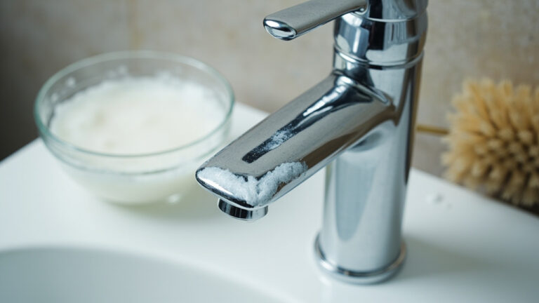 Bathroom faucet with white hard water deposits around spout and handle, next to white vinegar solution and soft brush