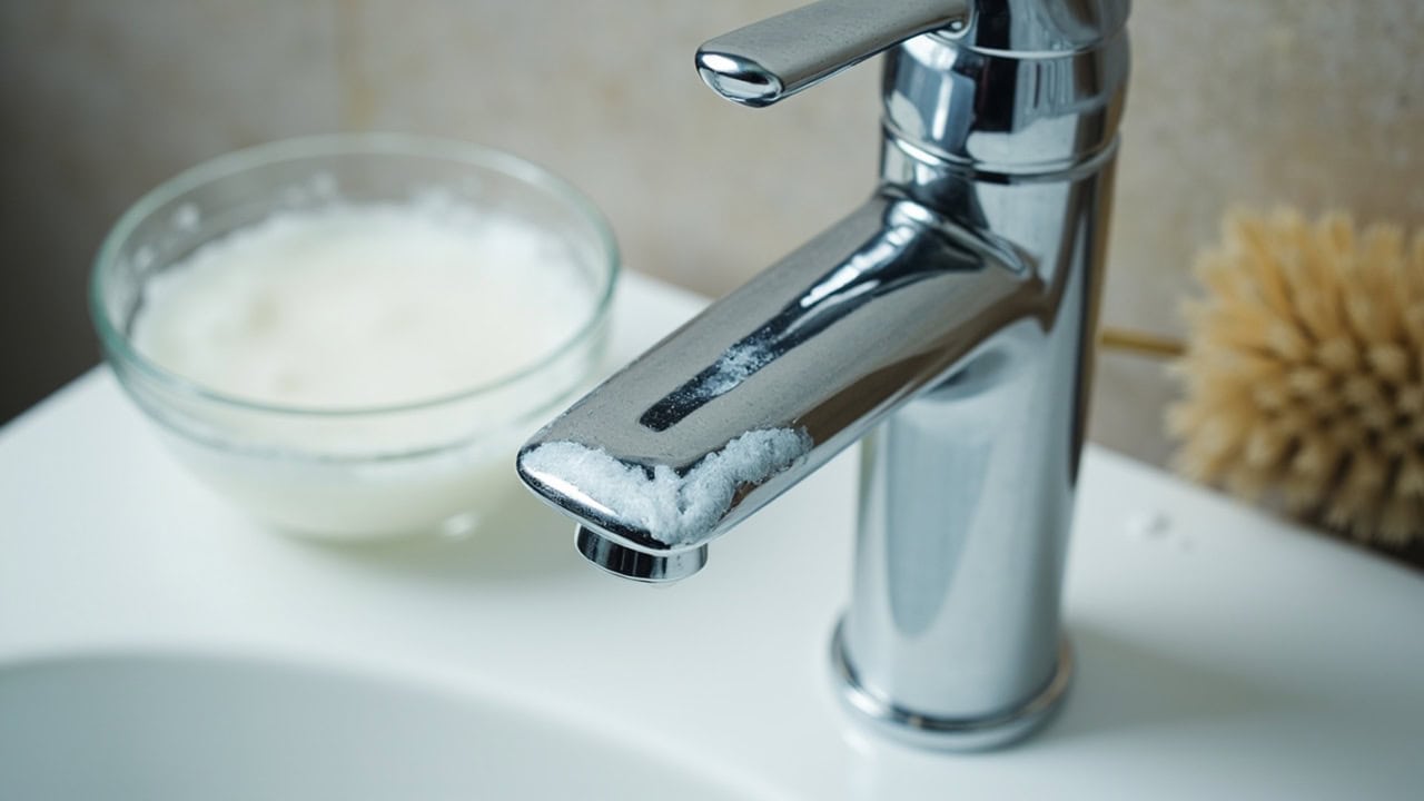Bathroom faucet with white hard water deposits around spout and handle, next to white vinegar solution and soft brush