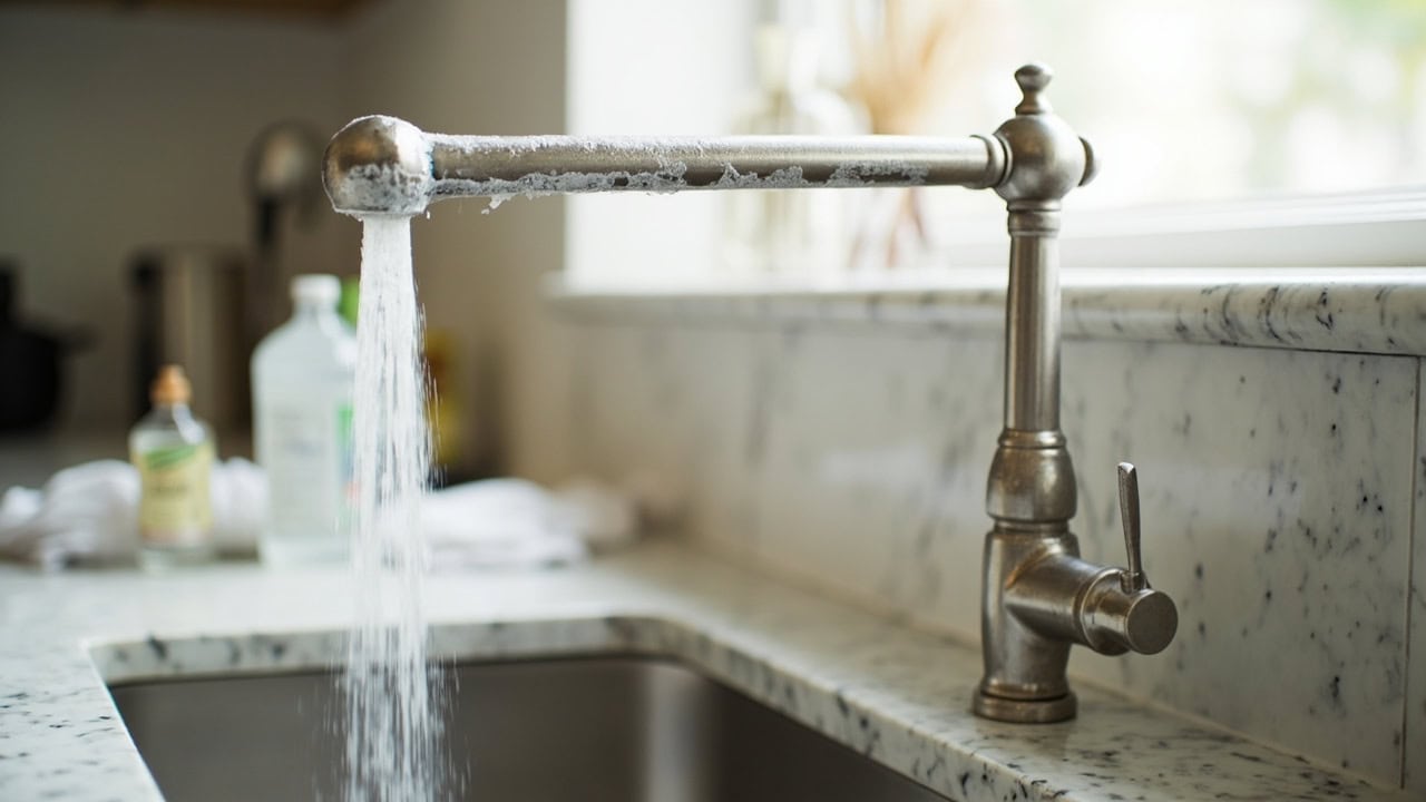 "Kitchen faucet with visible hard water deposits being cleaned with white vinegar on granite countertop"