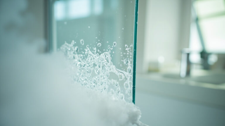 "White cloudy hard water mineral deposits on clear glass shower door being treated with vinegar solution"