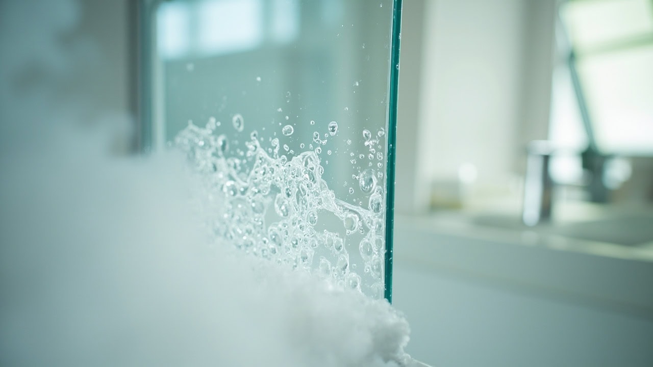 "White cloudy hard water mineral deposits on clear glass shower door being treated with vinegar solution"
