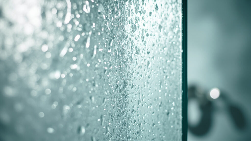 "Glass shower door showing hard water stains on left half and clean glass on right half, bathroom setting"