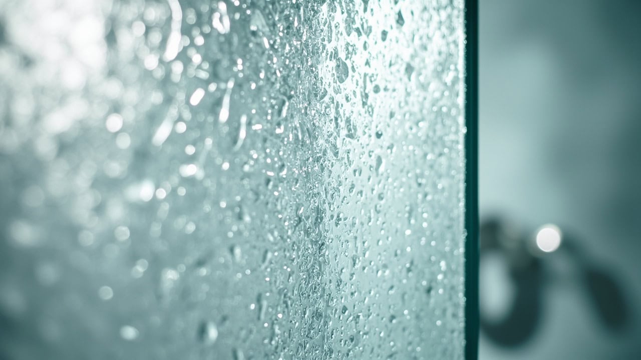 "Glass shower door showing hard water stains on left half and clean glass on right half, bathroom setting"