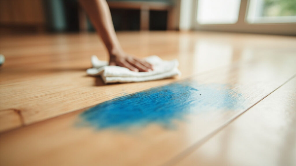 "Microfiber cloth gently blotting blue ink stain from polyurethane hardwood floor surface"