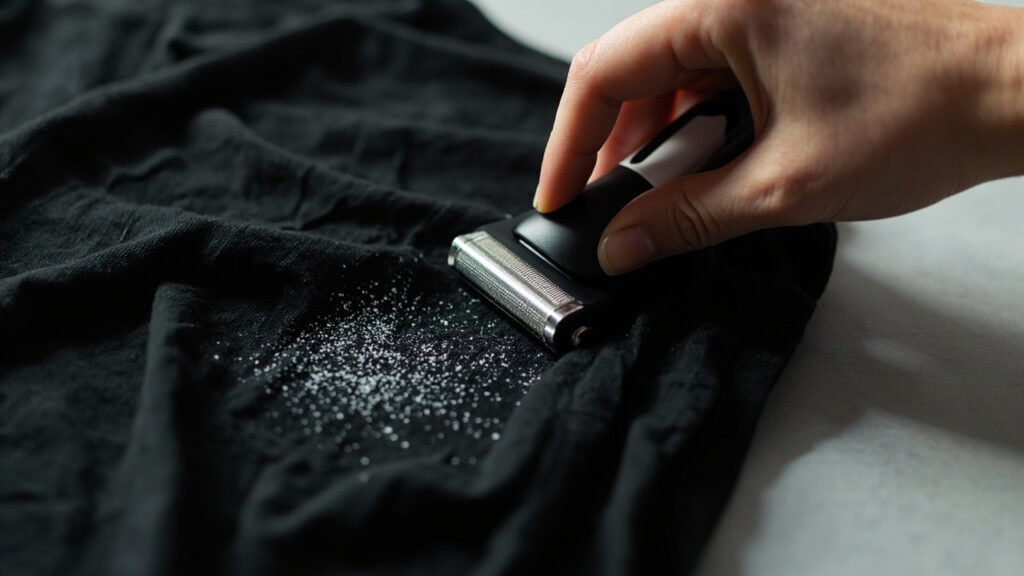 "Fabric shaver removing lint from black cotton t-shirt in studio lighting"
