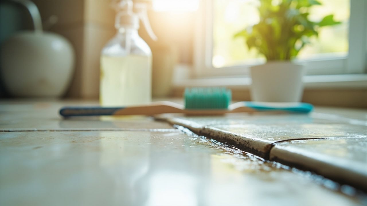 "Black mold on kitchen caulk between tile and countertop with cleaning tools"