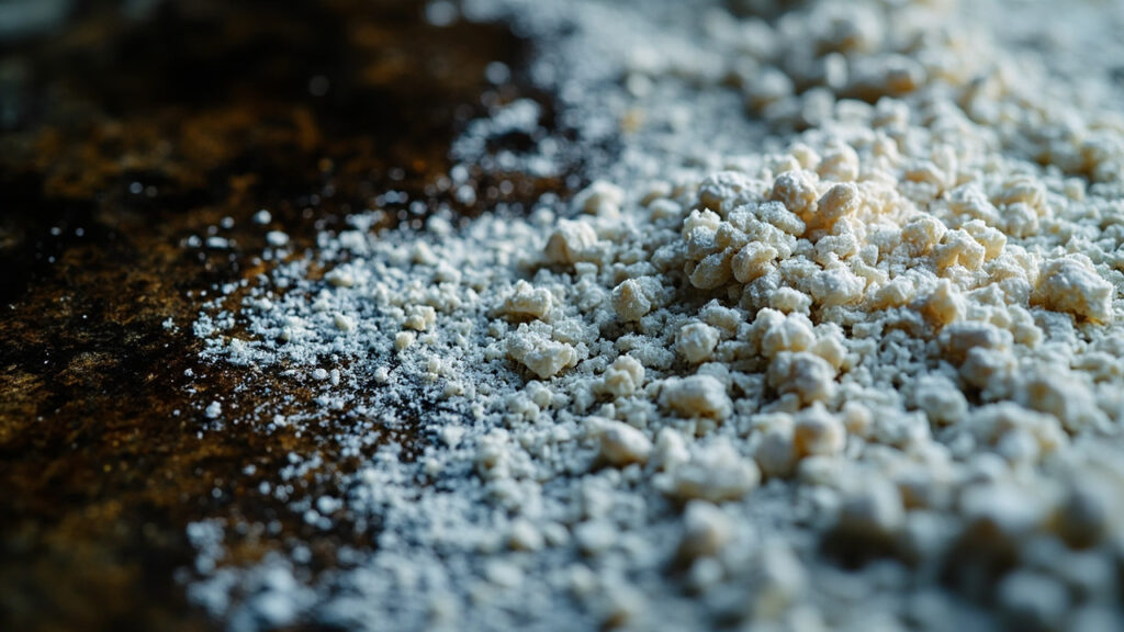 Motor oil stain on gray concrete being absorbed by kitty litter for stain removal