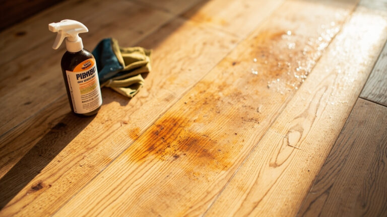 "Pet urine stain on hardwood floor with enzymatic cleaner and microfiber cloth ready for cleaning"