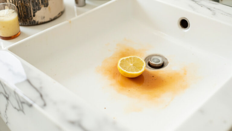 Rust stain removal from white bathroom sink using lemon juice and non-abrasive brush