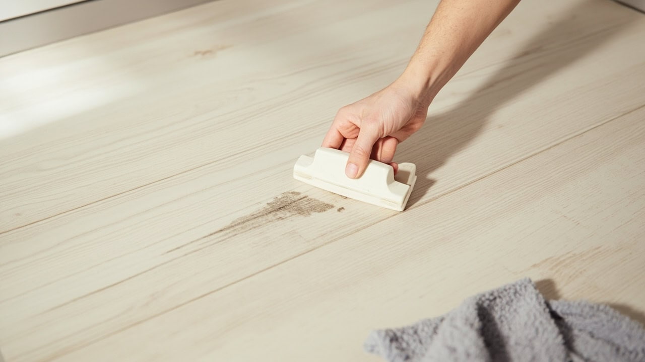 Rubber eraser removing black scuff mark from glossy vinyl plank flooring surface