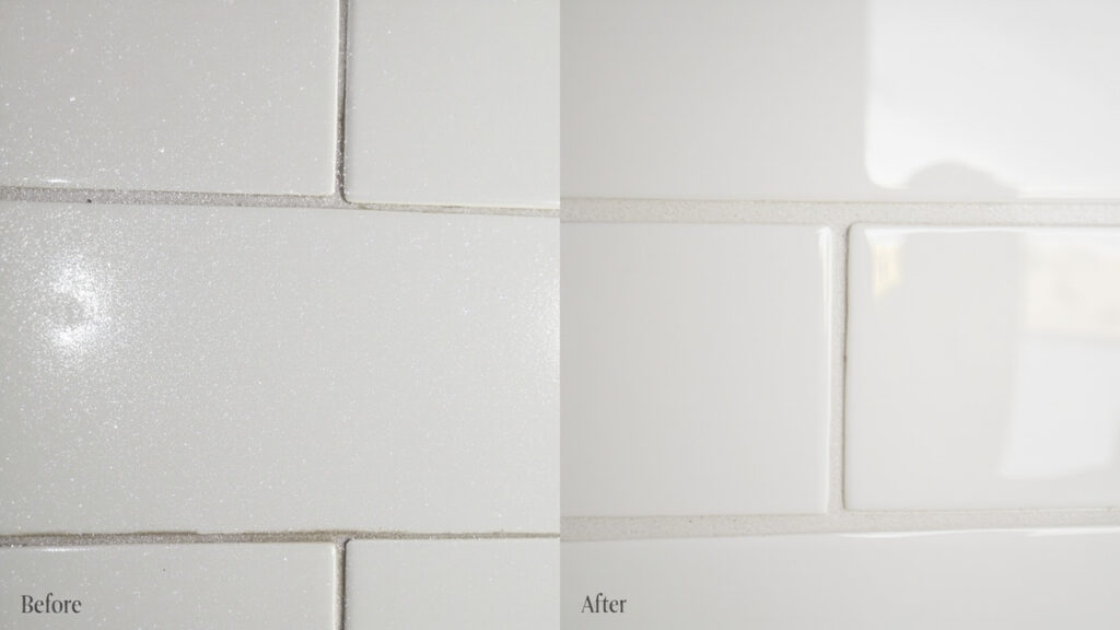 "Soap scum buildup on ceramic tile and grout before cleaning versus clean result after treatment"