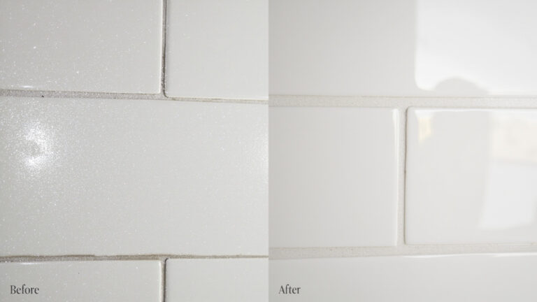 "Soap scum buildup on ceramic tile and grout before cleaning versus clean result after treatment"
