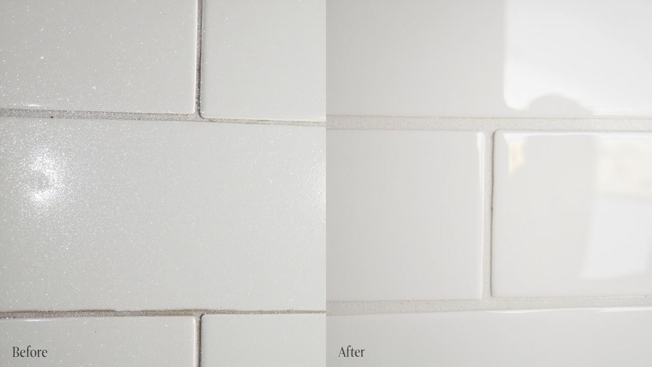 "Soap scum buildup on ceramic tile and grout before cleaning versus clean result after treatment"