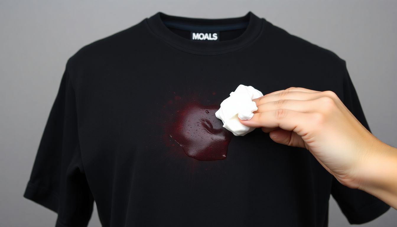 Black cotton fabric with stain being treated with dish soap during stain removal process