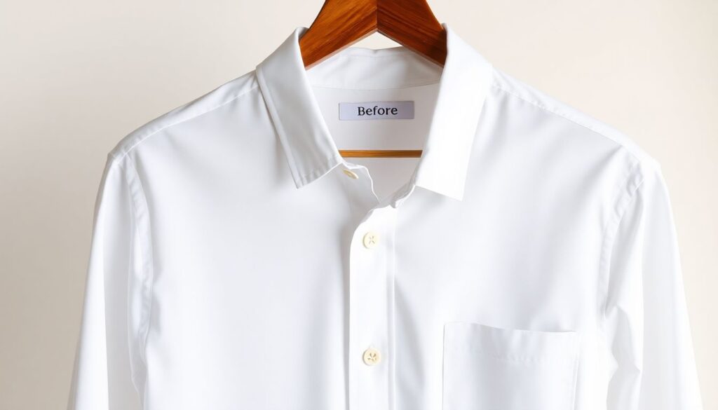 "White cotton dress shirt showing common stain types including coffee, wine, and sweat discoloration"