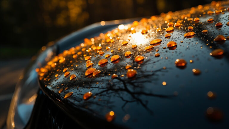 "Amber tree sap droplets adhered to glossy black car paint in outdoor parking setting with morning light"