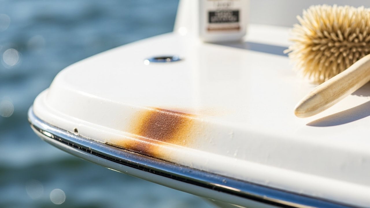 Waterline stains visible on a white boat hull being cleaned with brush and cleaning solution