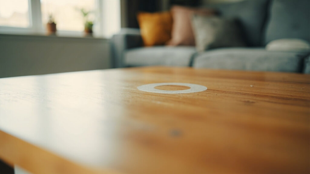 White ring watermark stain visible on polished wooden coffee table surface